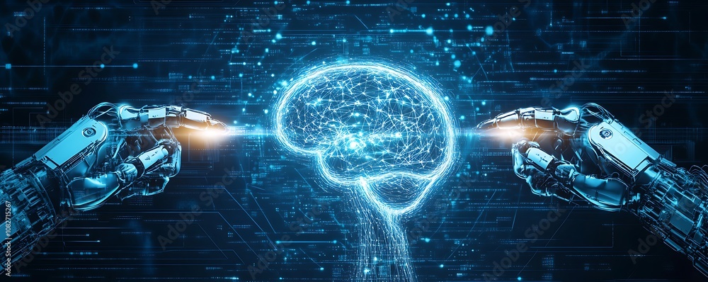 Poster a futuristic representation of a robotic brain connection, symbolizing ai and technology.