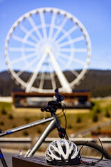 Cycling in a mountain park on a sunny day.