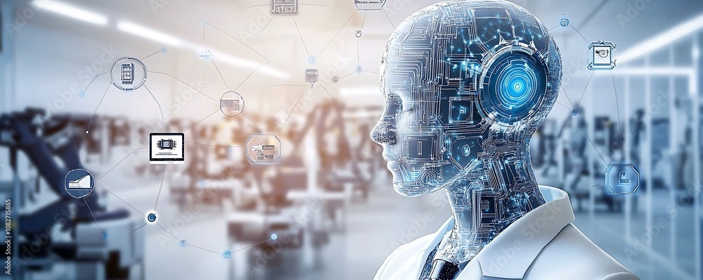 Poster a futuristic humanoid robot with digital features in a tech-oriented environment.