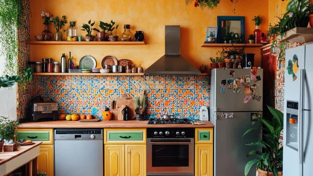 Bohemian kitchen with colorful tiles, eclectic furniture, and plants for a vibrant and cozy vibe