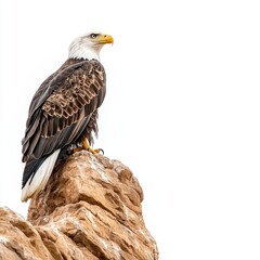 Obraz premium A majestic bald eagle perched atop a rugged cliff surveying the valley below