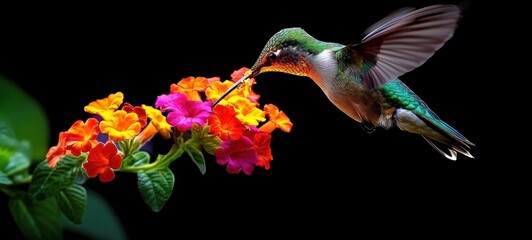 Hummingbird Feeding on Flowers