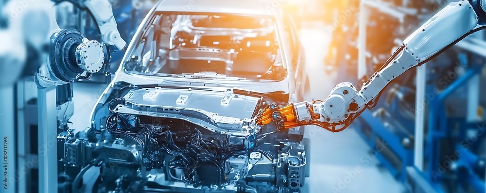 Poster a robotic arm assembles components of a car in an industrial setting.