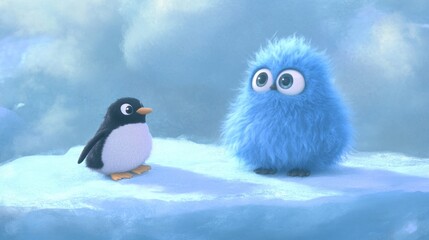 Fototapeta premium Blue furry being playing with a penguin on an ice floe, wearing a small sweater.
