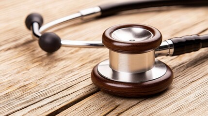 A close-up of a stethoscope on a wooden table, symbolizing health, care, and medical professionalism.