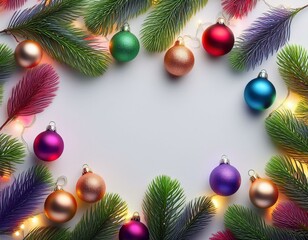 Marco navideño colorido, con ramas de arbol de navidad, bolas y luces de colores, espacio para texto