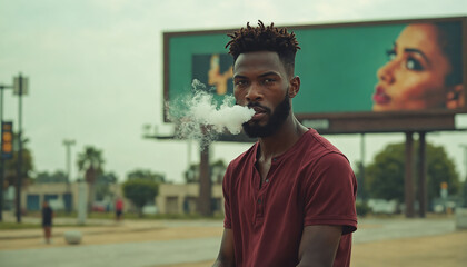 Male smoker. Contemplative facial expression. African American ethnicity. Outdoor setting. Billboard and palm trees in background. Casual attire.