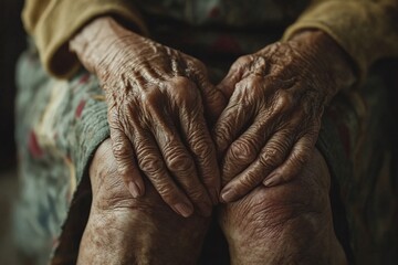 Fototapeta premium Old woman’s sore knee with wrinkled hands, close-up, warm color tone, aged skin texture, focus on joint 1