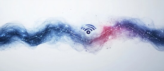Fototapeta premium Abstract digital background with wifi symbol and glowing blue and red smoke waves.