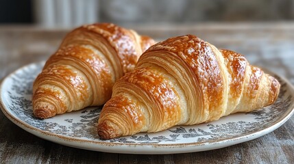 Fototapeta premium Two golden brown croissants on a patterned plate, with a rustic wooden background.