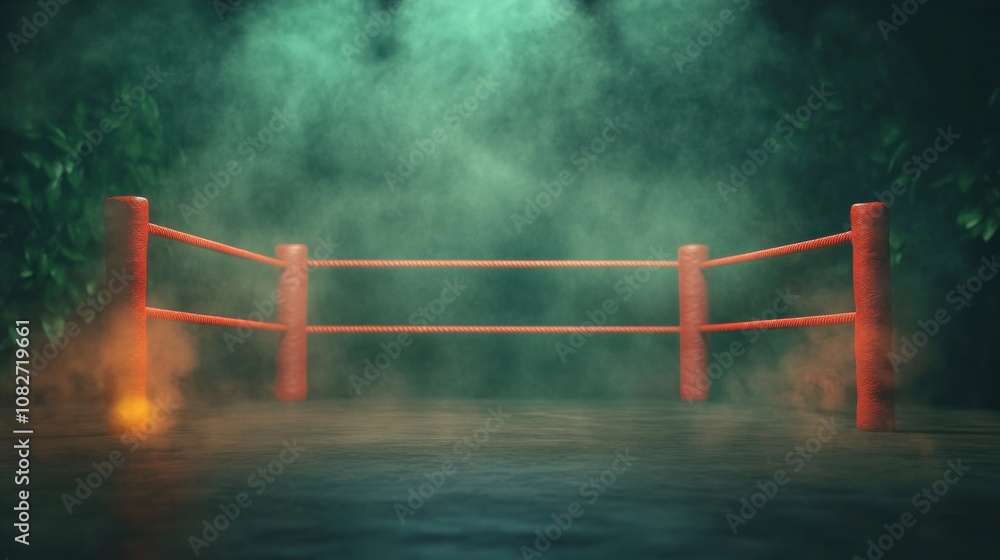 Poster view from the stands of a boxing ring adorned with red ropes and enveloped in a foggy, energetic set