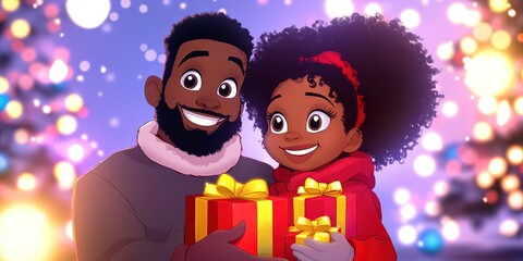 Naklejka premium 2d animated cartoon black family opening christmas presents,