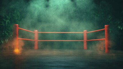 View from the stands of a boxing ring adorned with red ropes and enveloped in a foggy, energetic setting