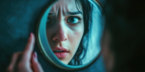 Person looking in the mirror with their reflection appearing distorted and anxious, showing self-doubt