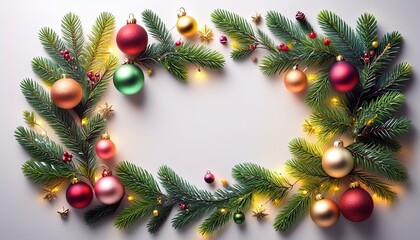 Marco navideño colorido, con ramas de arbol de navidad, bolas y luces de colores, espacio para texto