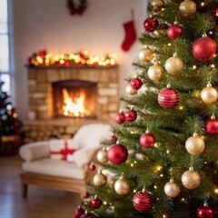 A modern Christmas living room with a beautifully decorated tree, presents underneath, and a cozy fireplace in the background. Medium Close Up (MCU), Deep Focus, Eye Level Shot, photo.