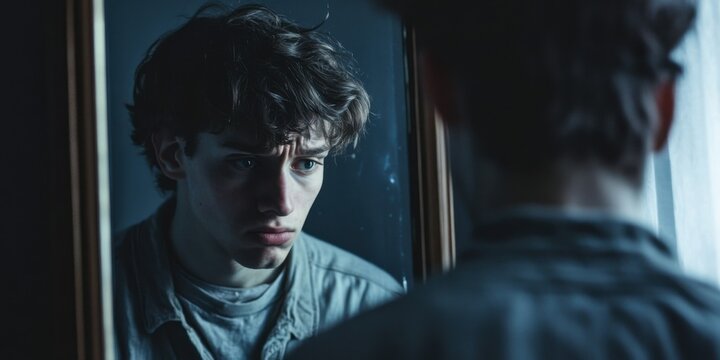 Person looking in the mirror with their reflection appearing distorted and anxious, showing self-doubt