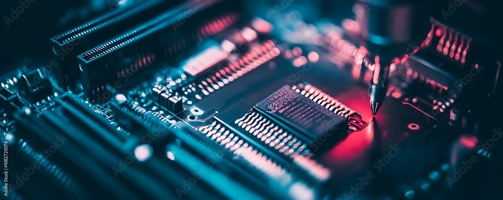 Aufkleber close-up of a circuit board with electronic components and a soldering tool.