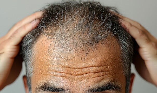 A man with gray hair is holding his head in front of the camera, showing signs of male pattern baldness and double cowlick hairs. 