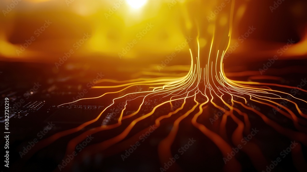 Poster conceptual image of a motherboard with roots instead of wires, symbolizing sustainable tech