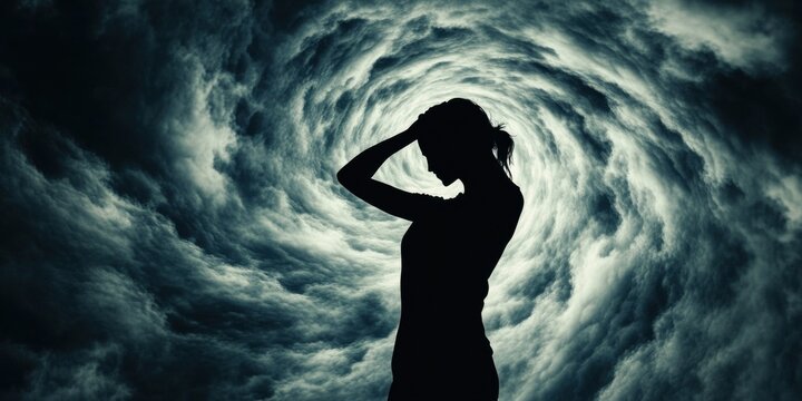 Silhouette of a person holding their head, standing under a swirling vortex of dark clouds, symbolizing anxious thoughts