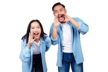 Happy Asian man and woman shouting open mouth isolated transparent