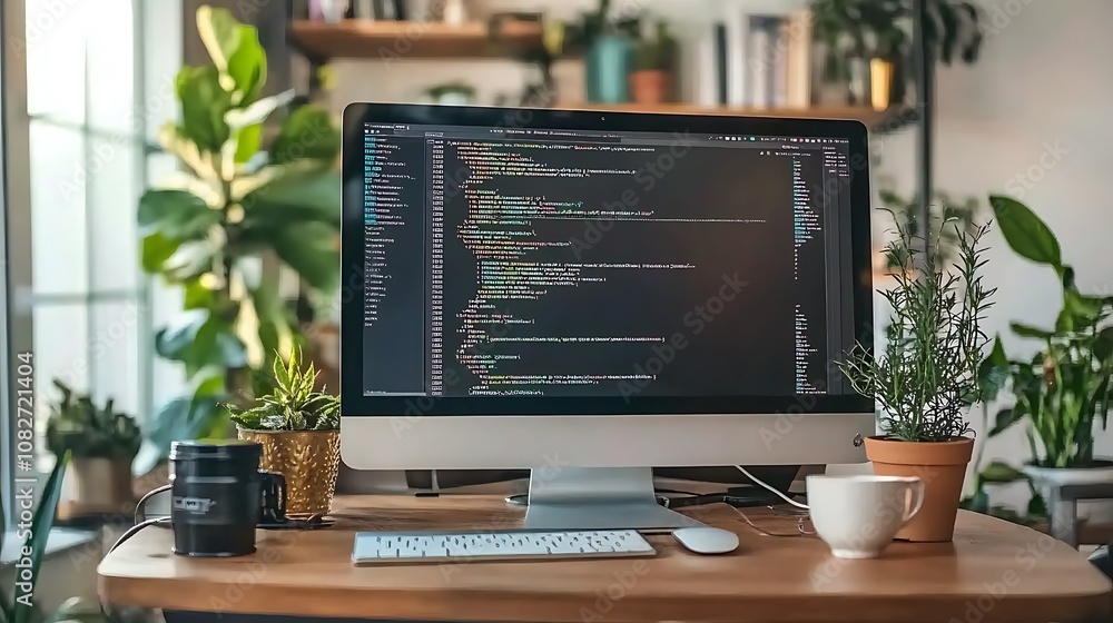 Poster a workspace featuring a computer with code, plants, and coffee, promoting productivity.