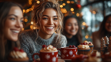 A group of coworkers enjoying holiday-themed cupcakes and coffee mugs while exchanging gifts in front of a decorated office Christmas tree