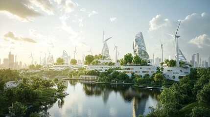 A photorealistic depiction of a futuristic city embracing sustainability, with tree-lined streets, energy-efficient buildings, and a skyline dotted with wind turbines