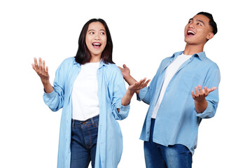 Happy Asian man and woman shouting open mouth isolated transparent