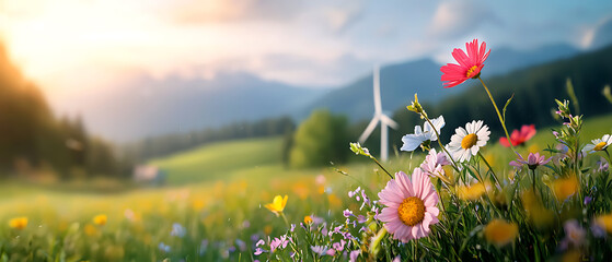 Fototapeta na wymiar Harnessing renewable energy wind turbines among vibrant wildflowers