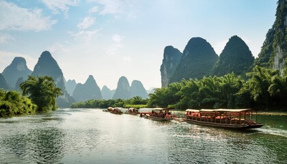 The Stunning View of Yangshuo&rsquo;s Limestone Peaks and the Li River, South China, Where Traditional Bamboo Rafts Glide Peacefully Through the Scenic Waterways and the Lush Green Mountains Stand Tall