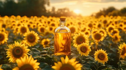 Bottle of sunflower oil surrounded by a field of bright yellow sunflowers , sunflower oil, bottle, background, sunflowers