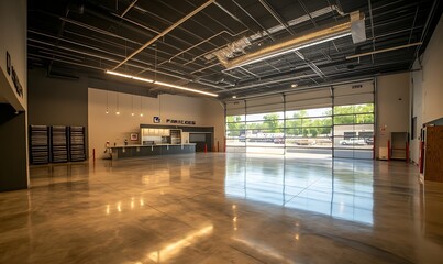 A spacious, modern interior of a commercial building with polished floors and large windows.