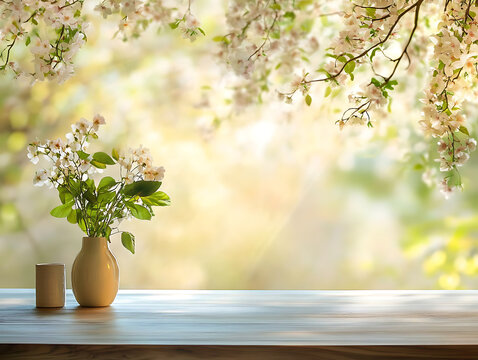 A wood table with a vese of flowers of the corner background good for deck presentation