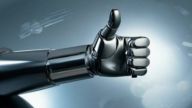 Robot hand showing thumbs up, approval gesture from mechanical hand