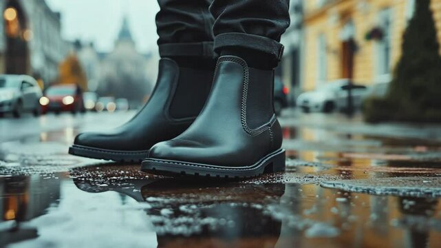 A pair of black Chelsea boots stand in a puddle on a wet city street