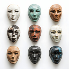 Artistic collection of nine colorful face masks isolated on white background, perfect for cultural, decorative, or artistic displays, featuring unique and creative handcrafted designs