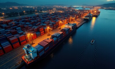 Aerial shot of a container terminal with illuminated containers.