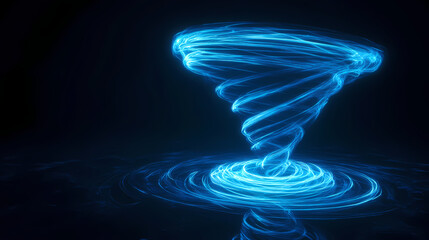 Futuristic blue neon swirls shape a funnel against a dark backdrop, creating a whirlwind vortex light effect in a realistic illustration. Whirlwind. Illustration