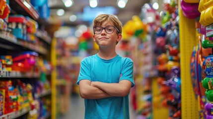 Boy standing in a toy store aisle with crossed arms, surrounded by colorful toy options