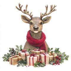 A realistic reindeer figurine with a festive red