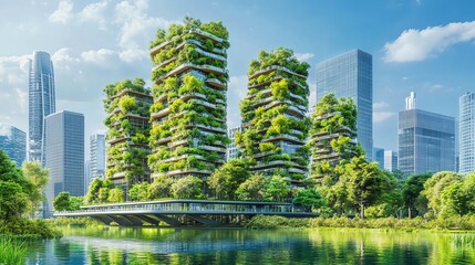 A photorealistic eco-cityscape featuring solar-powered buildings, lush vertical gardens, and innovative green infrastructure, set against a modern urban backdrop