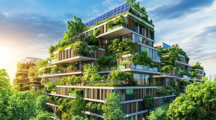 A sustainable cityscape with solar-powered infrastructure, eco-friendly urban planning, and integrated green spaces, creating a photorealistic vision of urban innovation