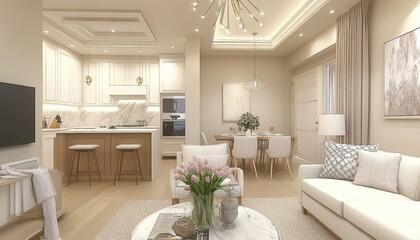 Fototapeta premium Spacious Modern Studio Apartment Interior with Scandinavian Design. Open Plan Living Space.