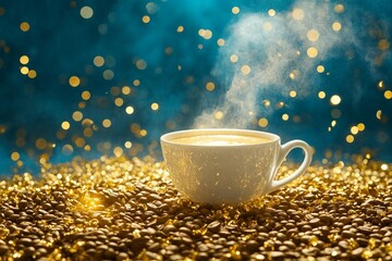 A cup of coffee sitting on top of a pile of coffee beans.