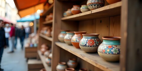Fototapeta premium vibrant scene of colorful handcrafted pottery displayed on rustic wooden shelves at a bustling local artisan market. 