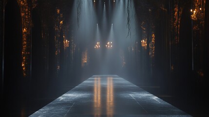 Fototapeta premium Dark, mysterious runway with spotlights and hanging candles.