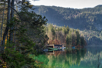 Autumn colors in fall at lake Eibsee, Garmisch-Partenkirchen, Bavarian alps, Germany