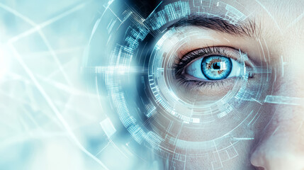 The face and the eye of an adult female with a futuristic circular iris scanner. The concept of modern digital technology, biometrics, big data, internet of things. 